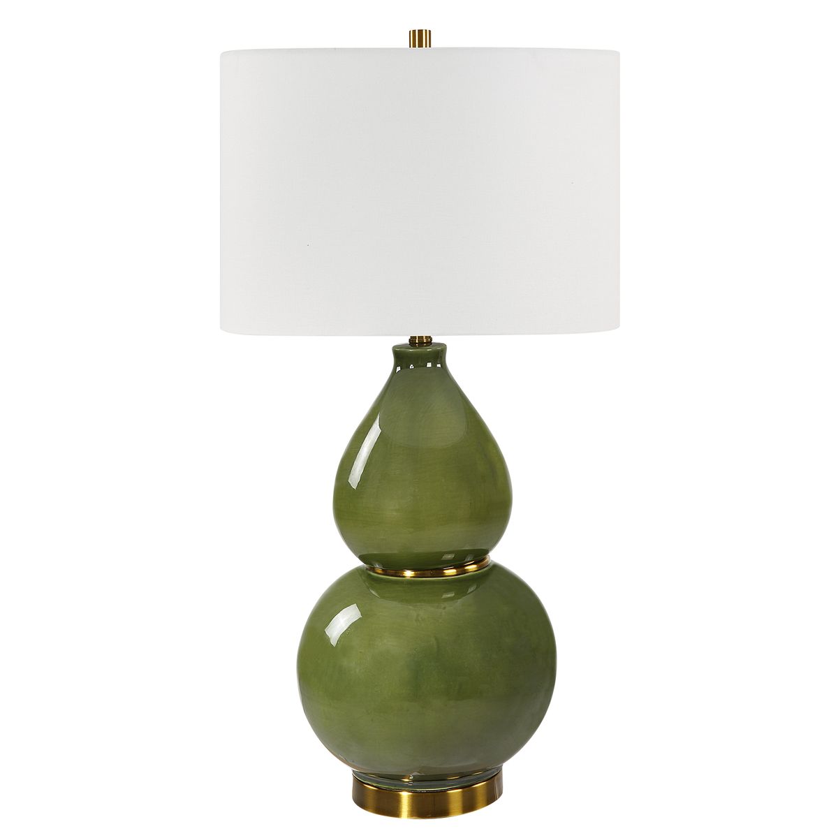 Green lamp with a white shade on a white background