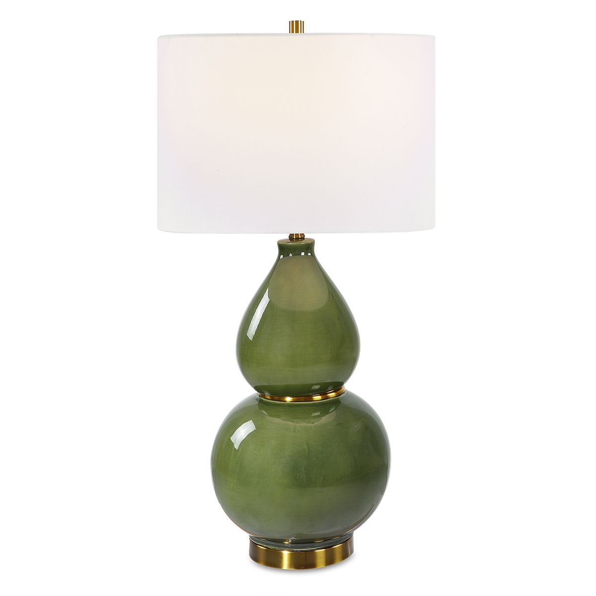 Green ceramic table lamp with a white shade on a white background