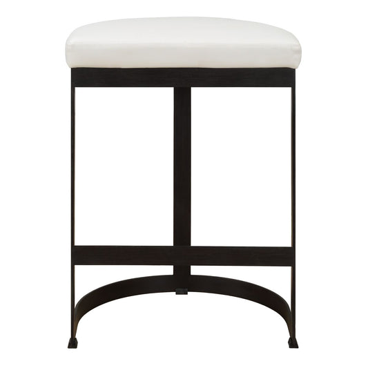 A Matte black iron framed counter stool with a white pebbled faux leather cushion.