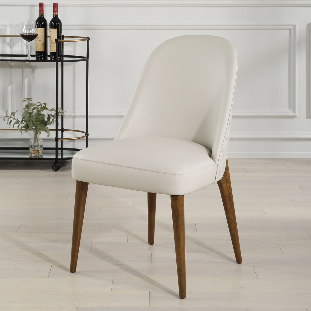 Diamond Tufted Dining Chair - Ecru Faux Leather & Walnut Legs