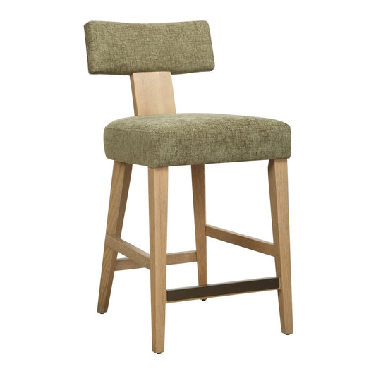 Moss green wood framed counter stools setting at kitchen counter.