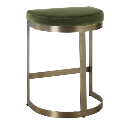 A Brushed Brass Counter Stool with a Moss Green Velvet Seat. Hand Forged Iron Base