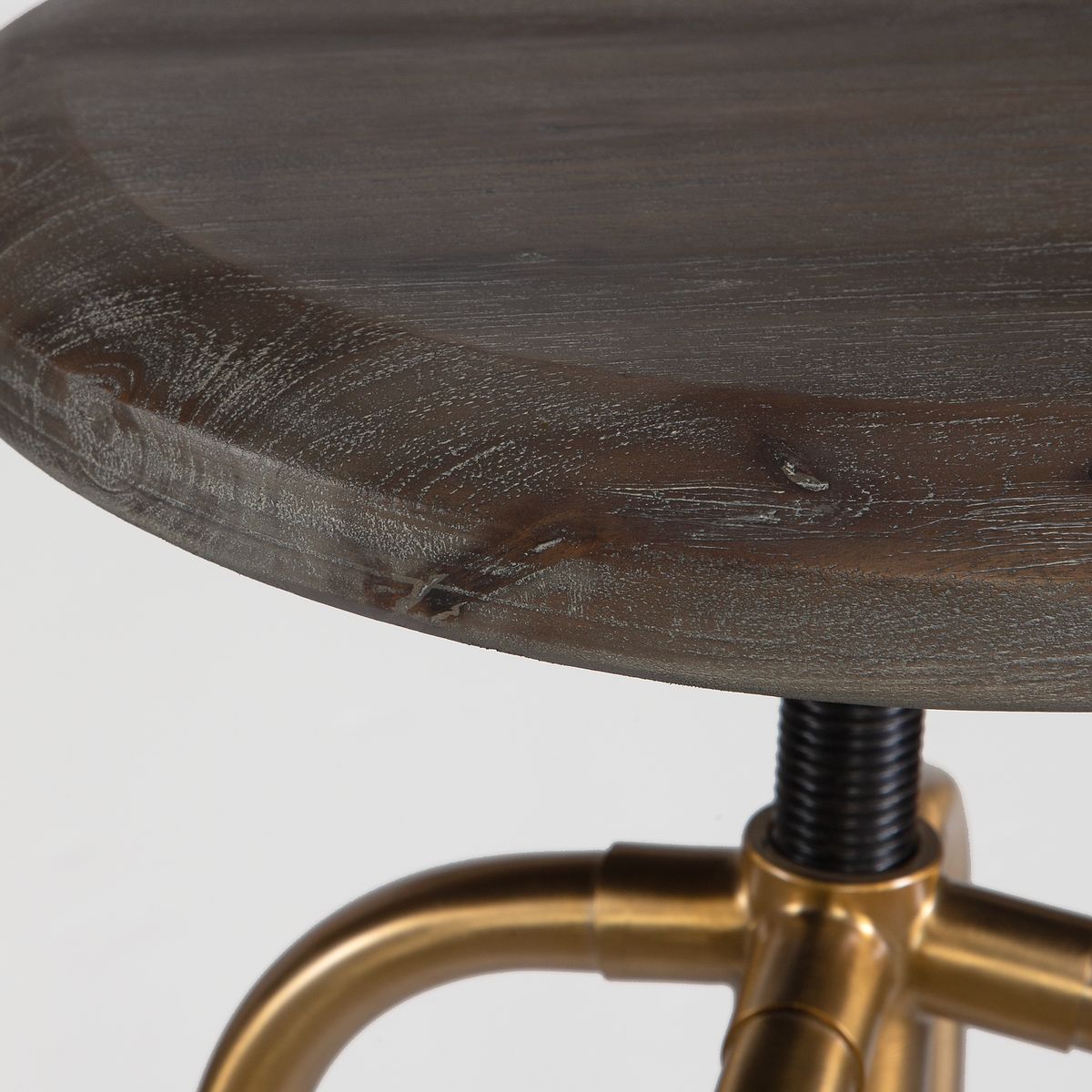 Adjustable Height Counter Stool | Brushed Brass Base | Acacia Wood Top