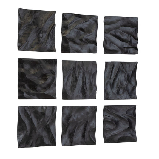 Wood wall decor, wall art, sculptural art, hand-carved wood, suar wood, matte black decor, set of nine, wall sculptures