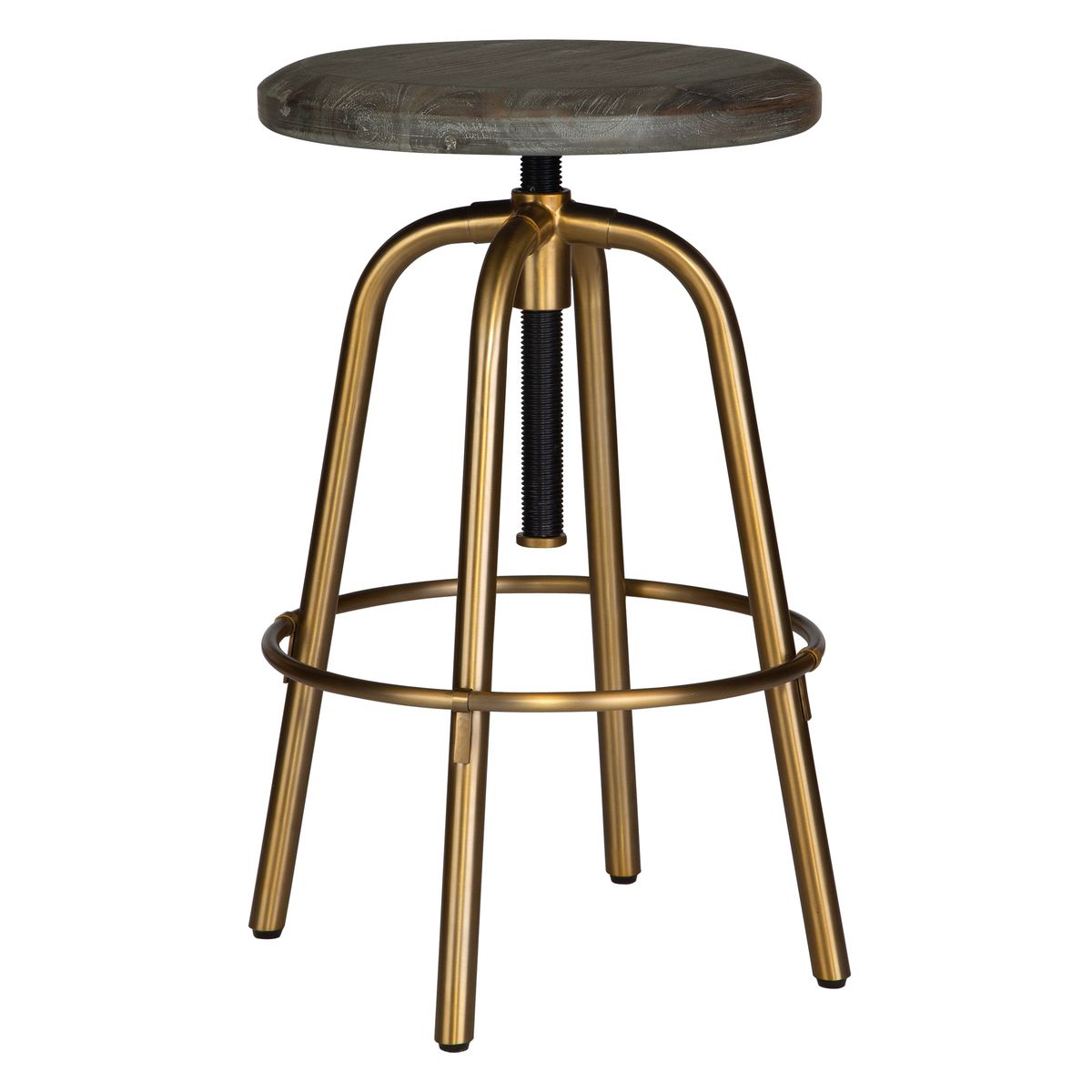 Adjustable Height Counter Stool | Brushed Brass Base | Acacia Wood Top