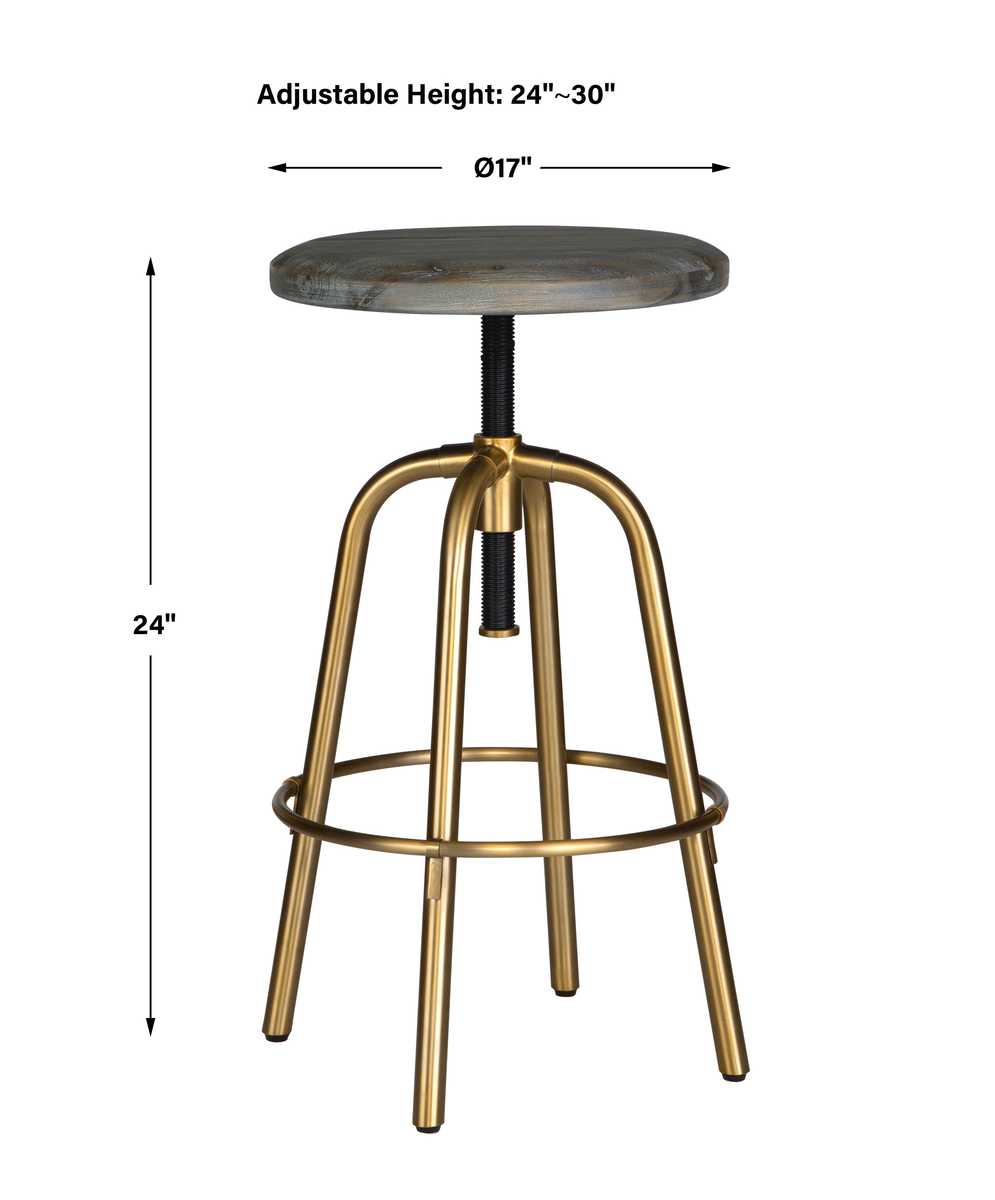 Adjustable Height Counter Stool | Brushed Brass Base | Acacia Wood Top
