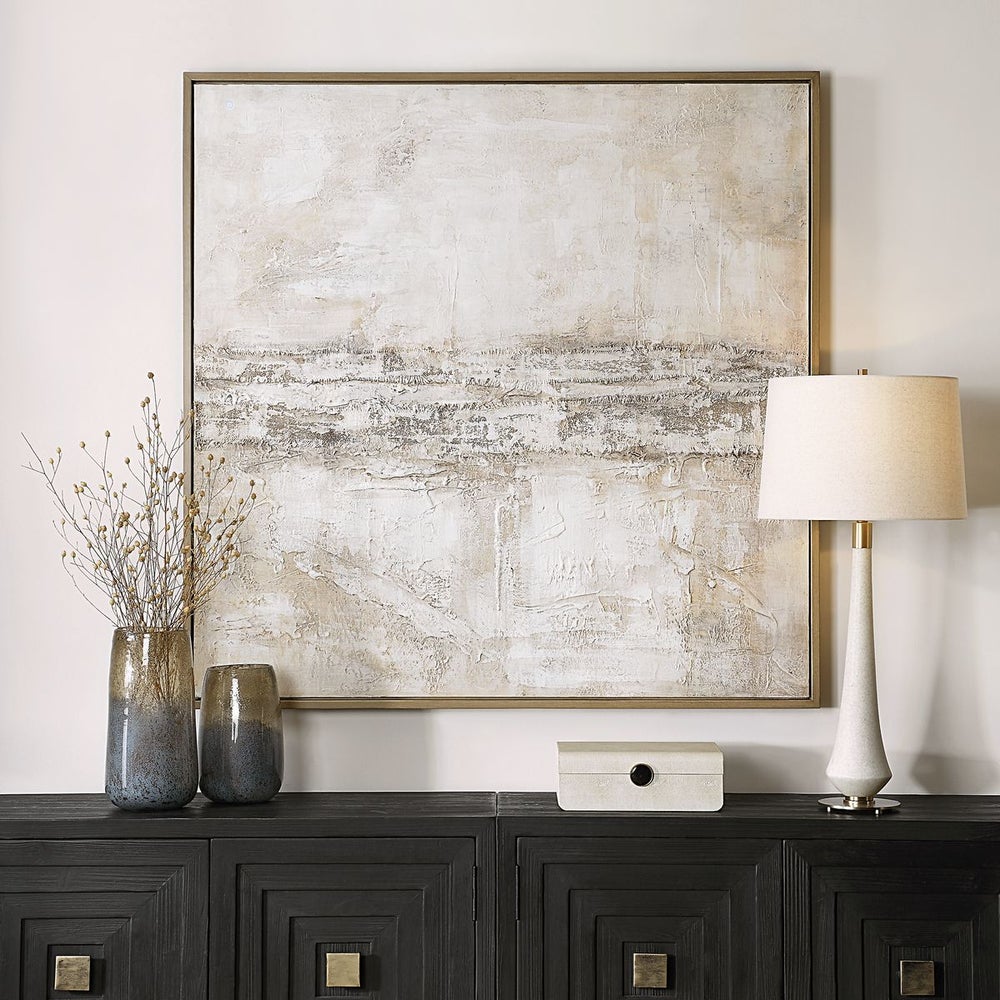 Living room interior featuring hand-painted abstract canvas art hung above a cabinet demonstrating its scale and suitability for contemporary spaces.