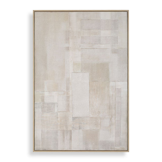 Neutral Abstract Wall Art in Living Room with Dog on Sofa and mirrored round coffee table..