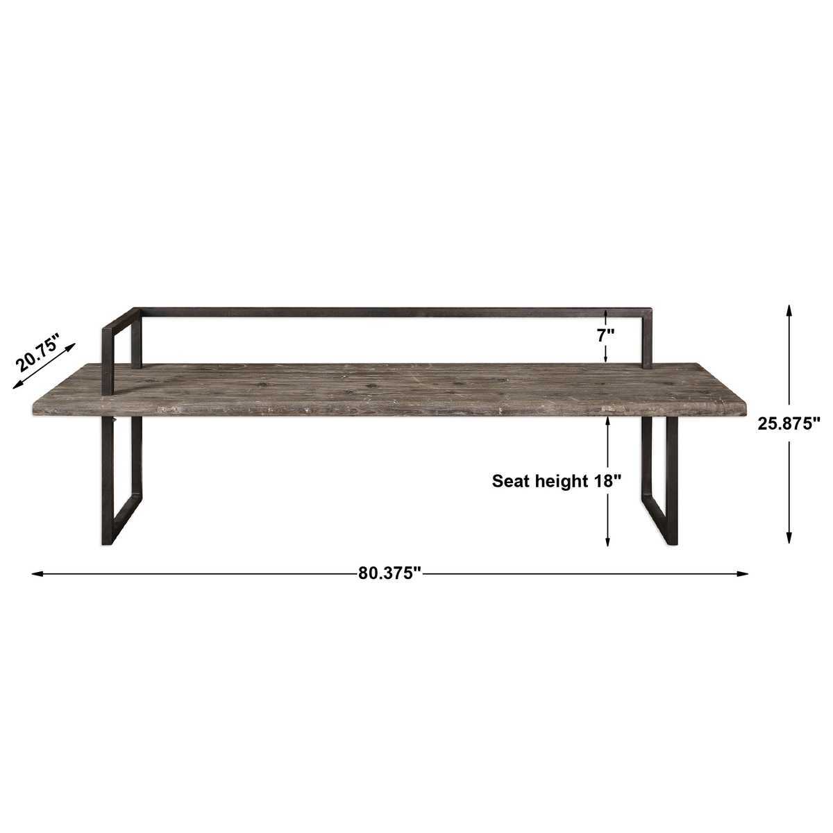 Measurement chart of a wooden bench with metal frame on a white background