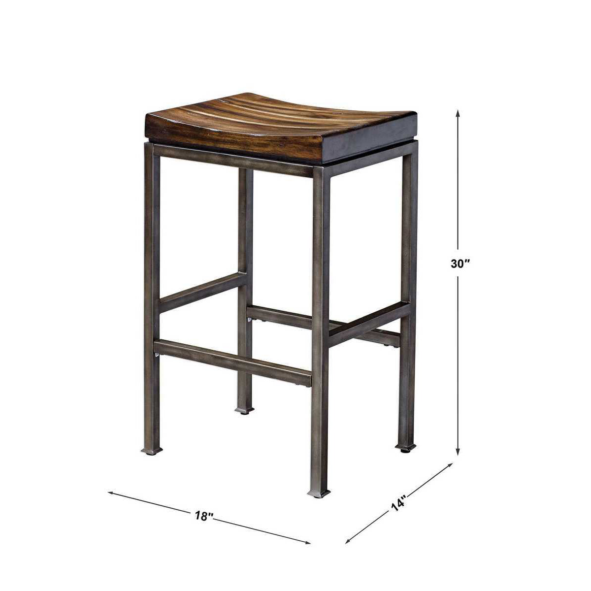 Bar stool with wooden seat and metal frame, dimensions shown on a white background