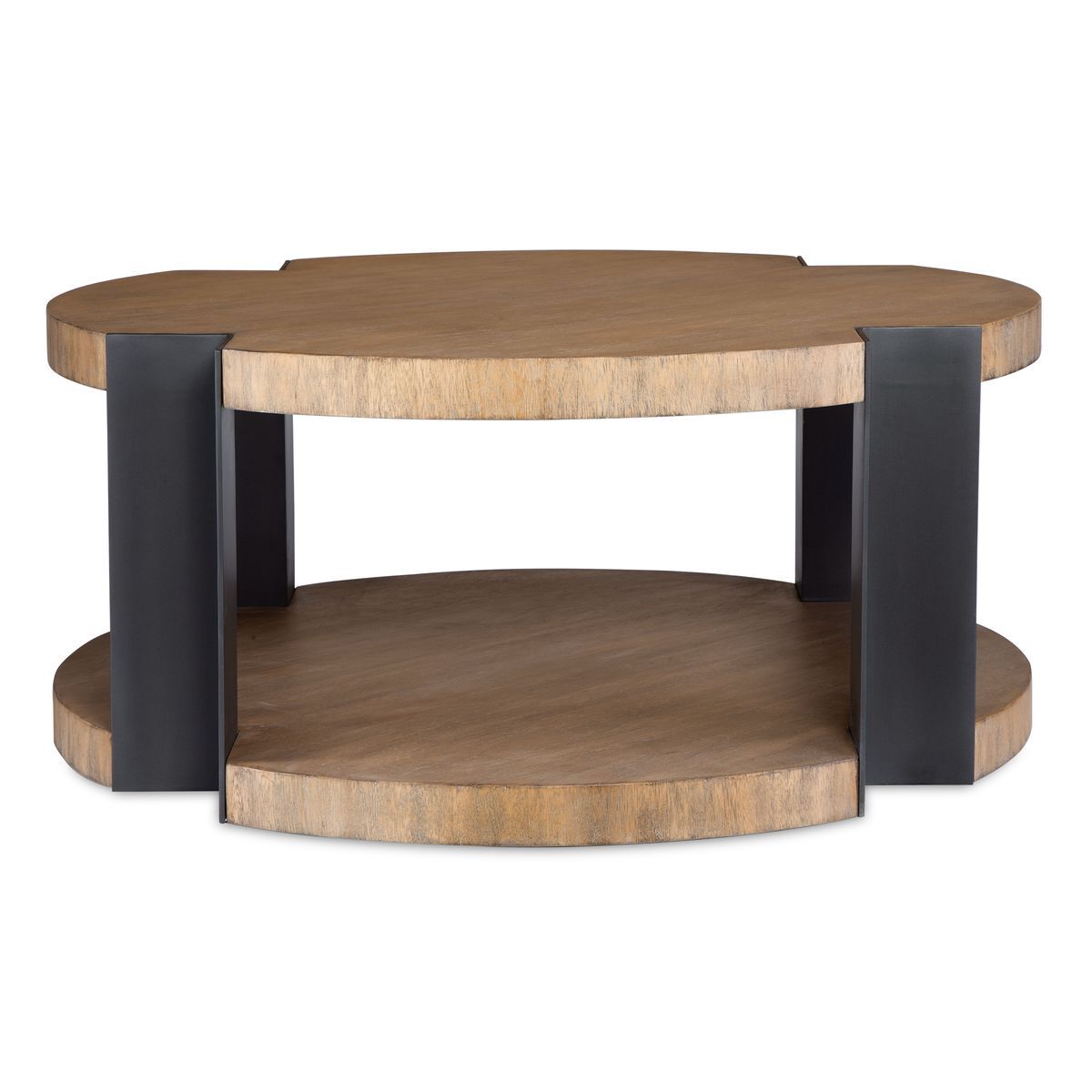 Wooden coffee table with black metal legs on a white background