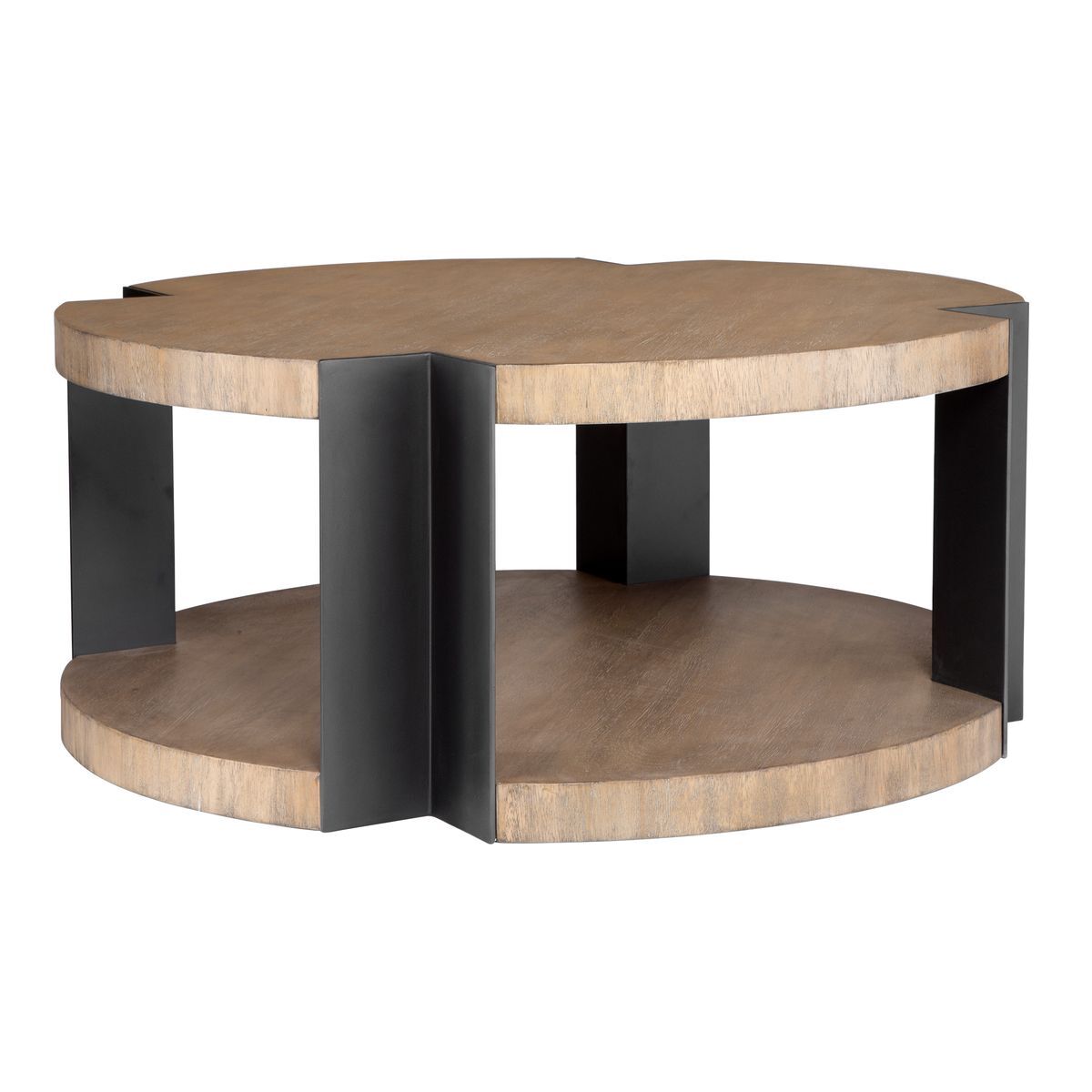 Round wooden coffee table with black metal legs on a white background
