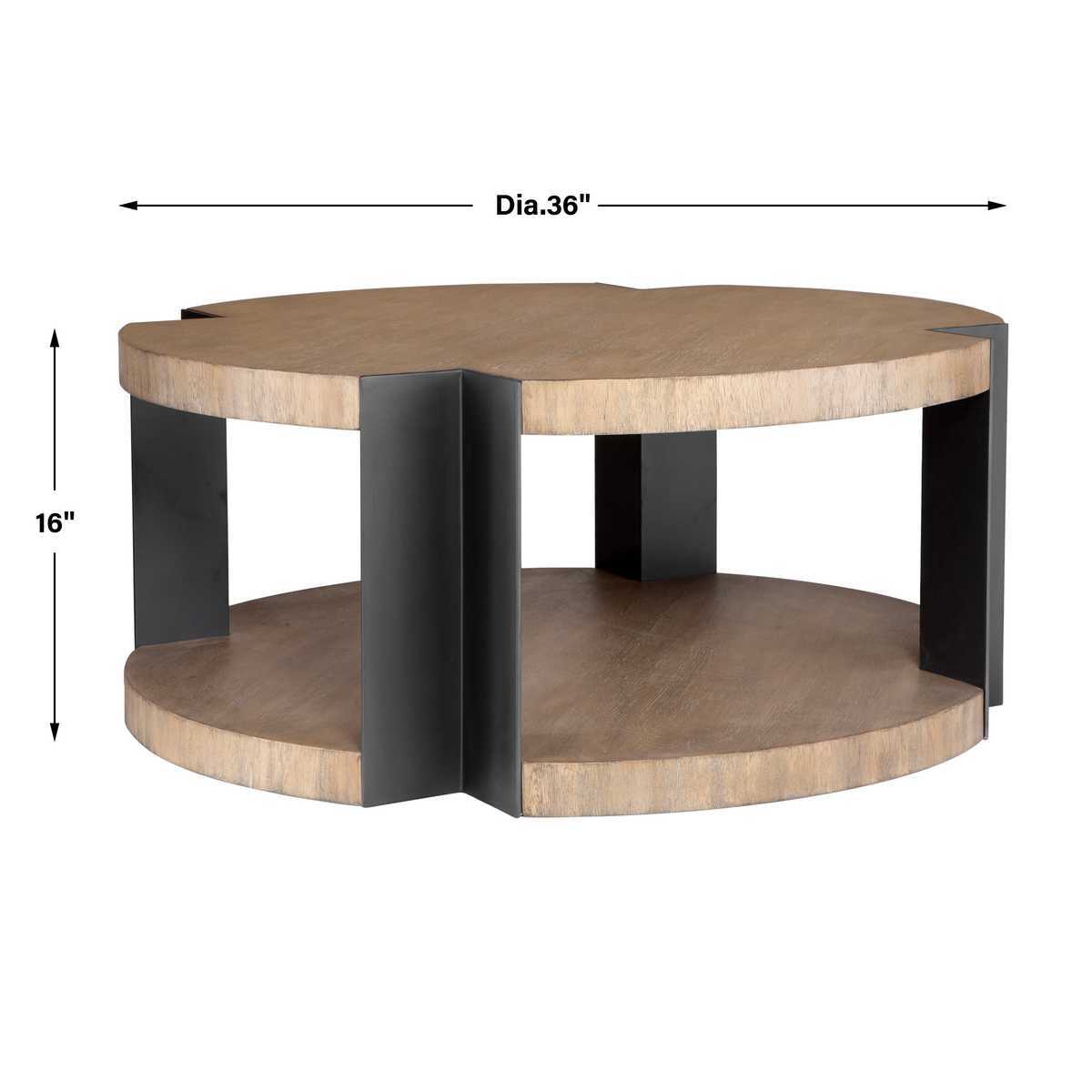 Round wooden table with black metal legs and dimensions on a white background