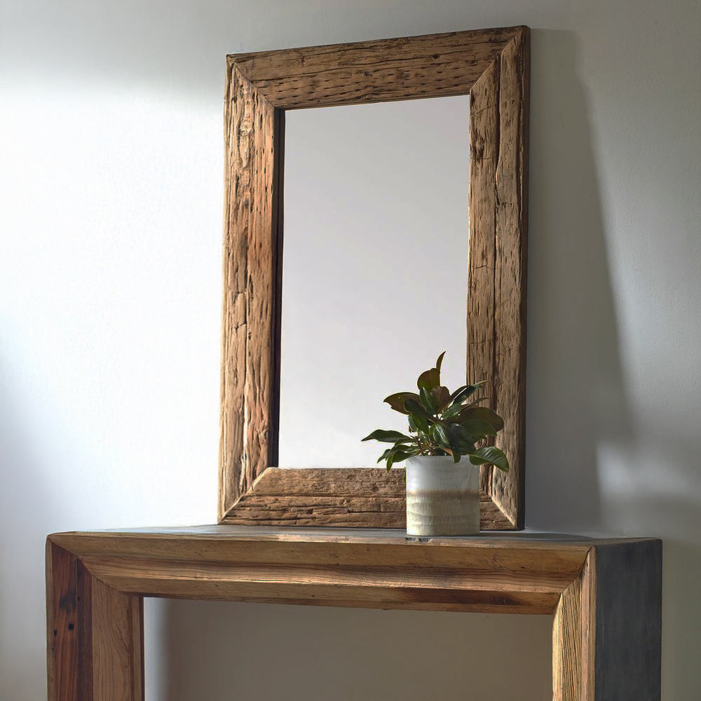 Large Wooden Rustic Mirror on Console.