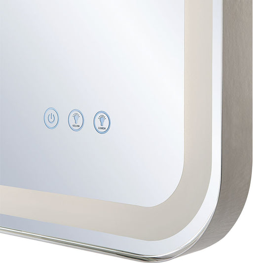 Polished Nickel Lighted Mirror in a Moder Brutalist Bathroom with White Vanity.