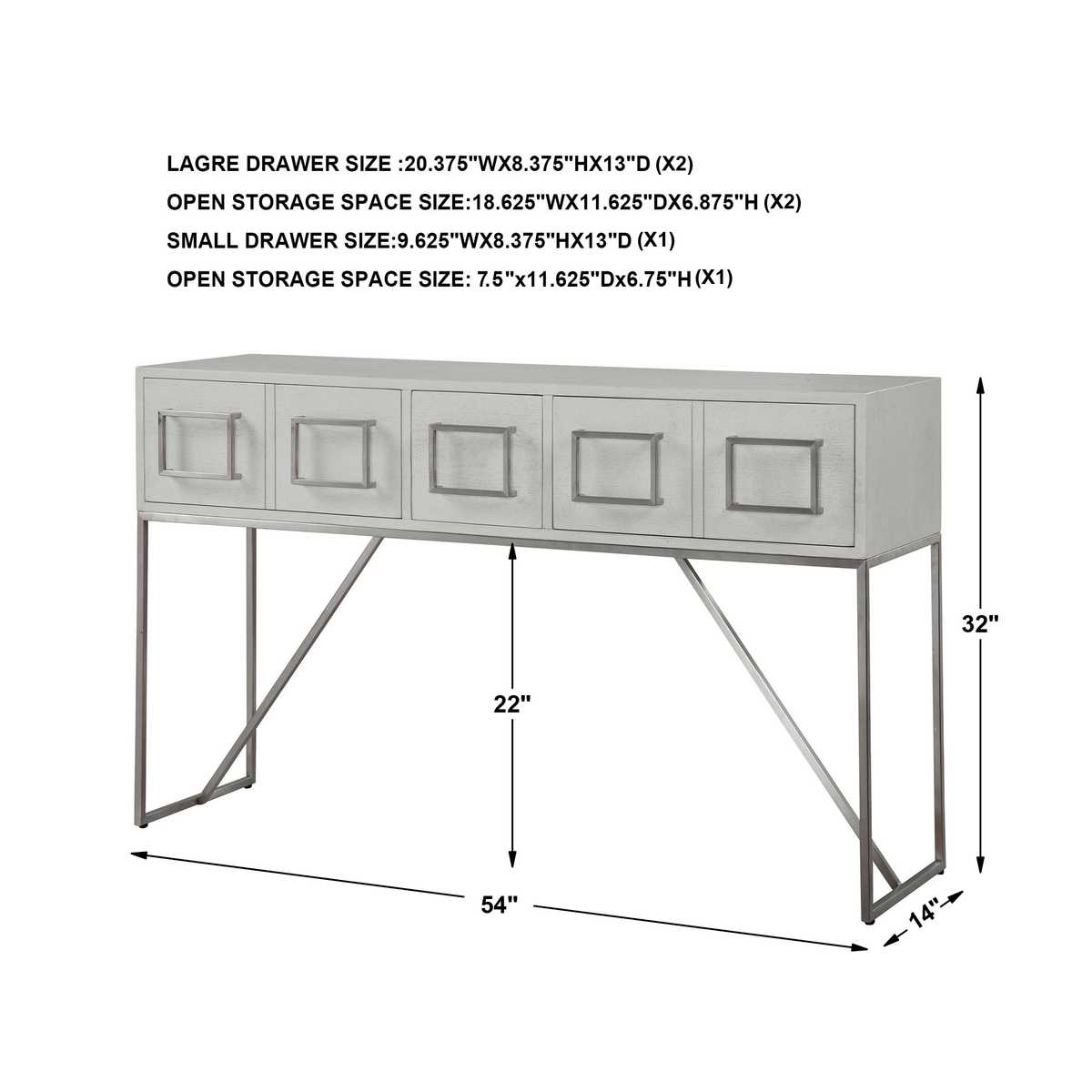 Gray console table with dimensions on a white background