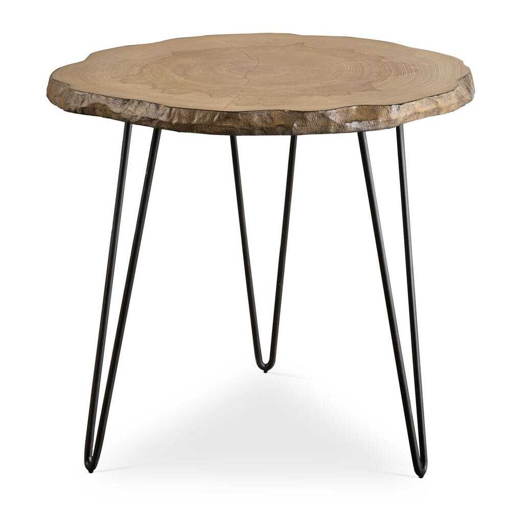 Round wooden table with black metal legs on a white background