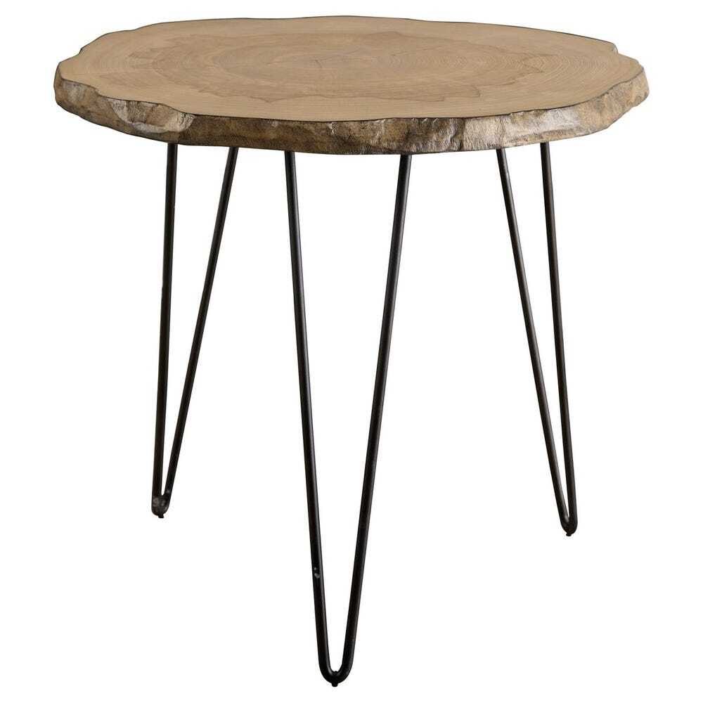 Round wooden table with black metal legs on a white background