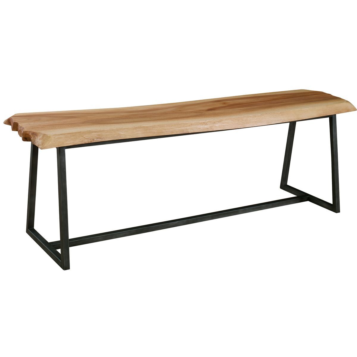 Wooden bench with black metal legs on a white background