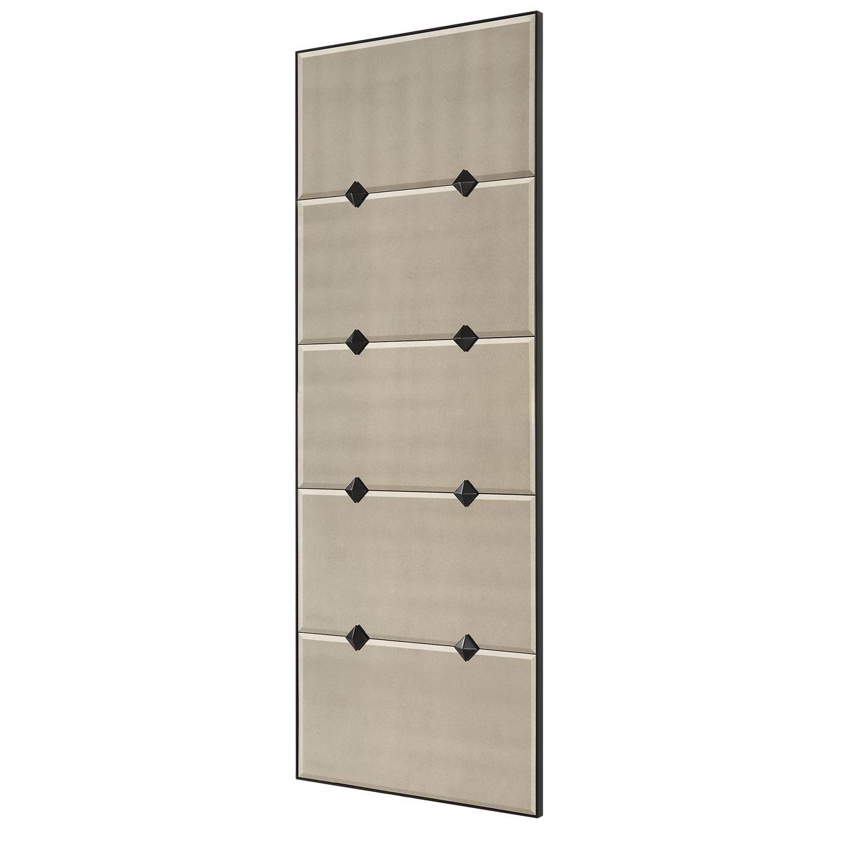 Decorative mirror with black geometric designs on a beige background