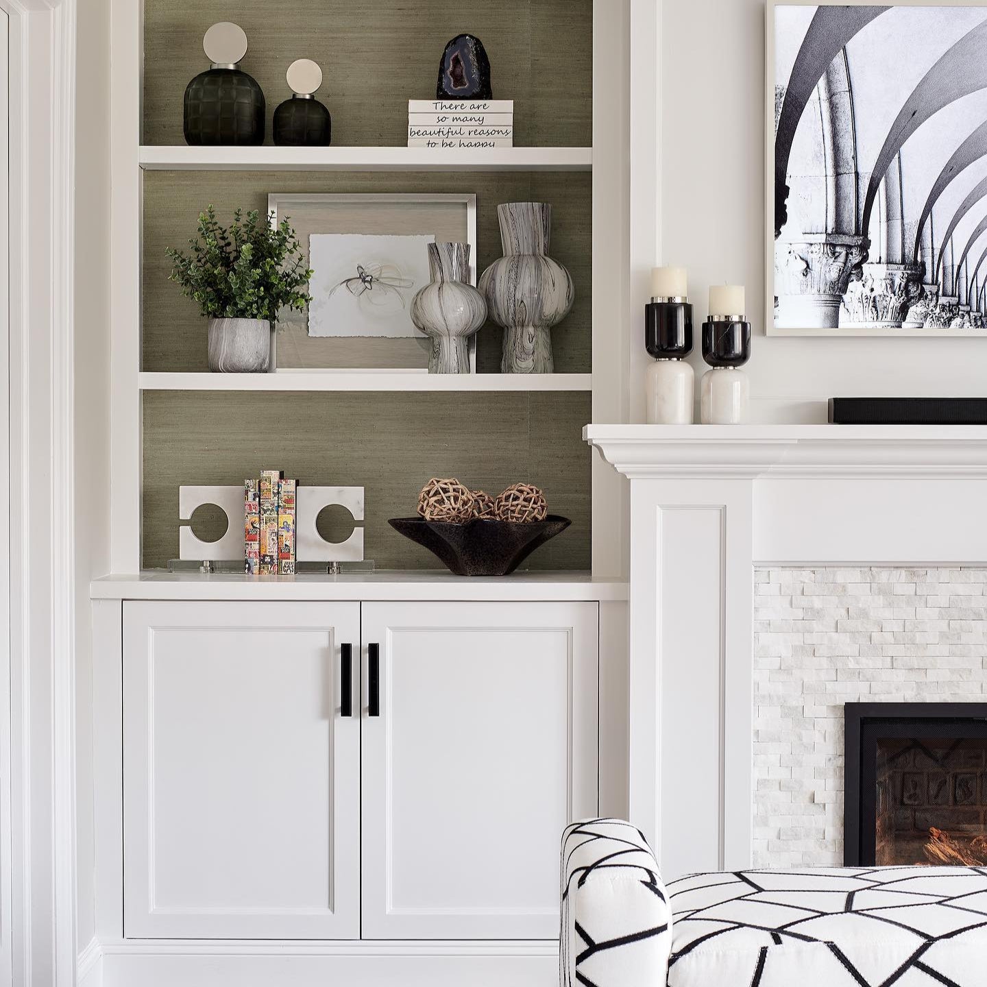 Marble bookend in bookcase.
