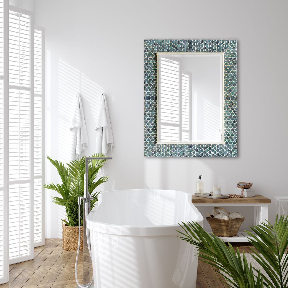 Mermaid mirror in white bathroom.