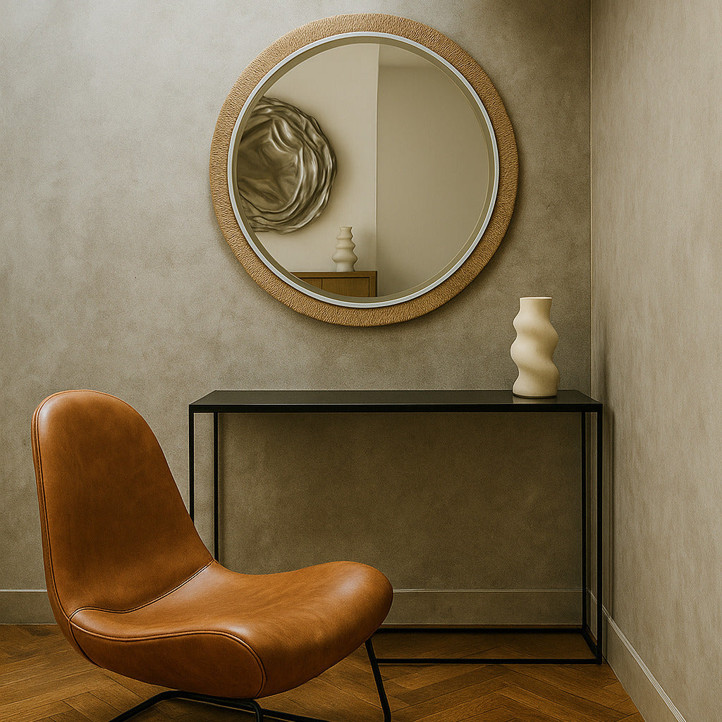 Brown leather chair and round mirror in a room with wooden floor and beige walls.