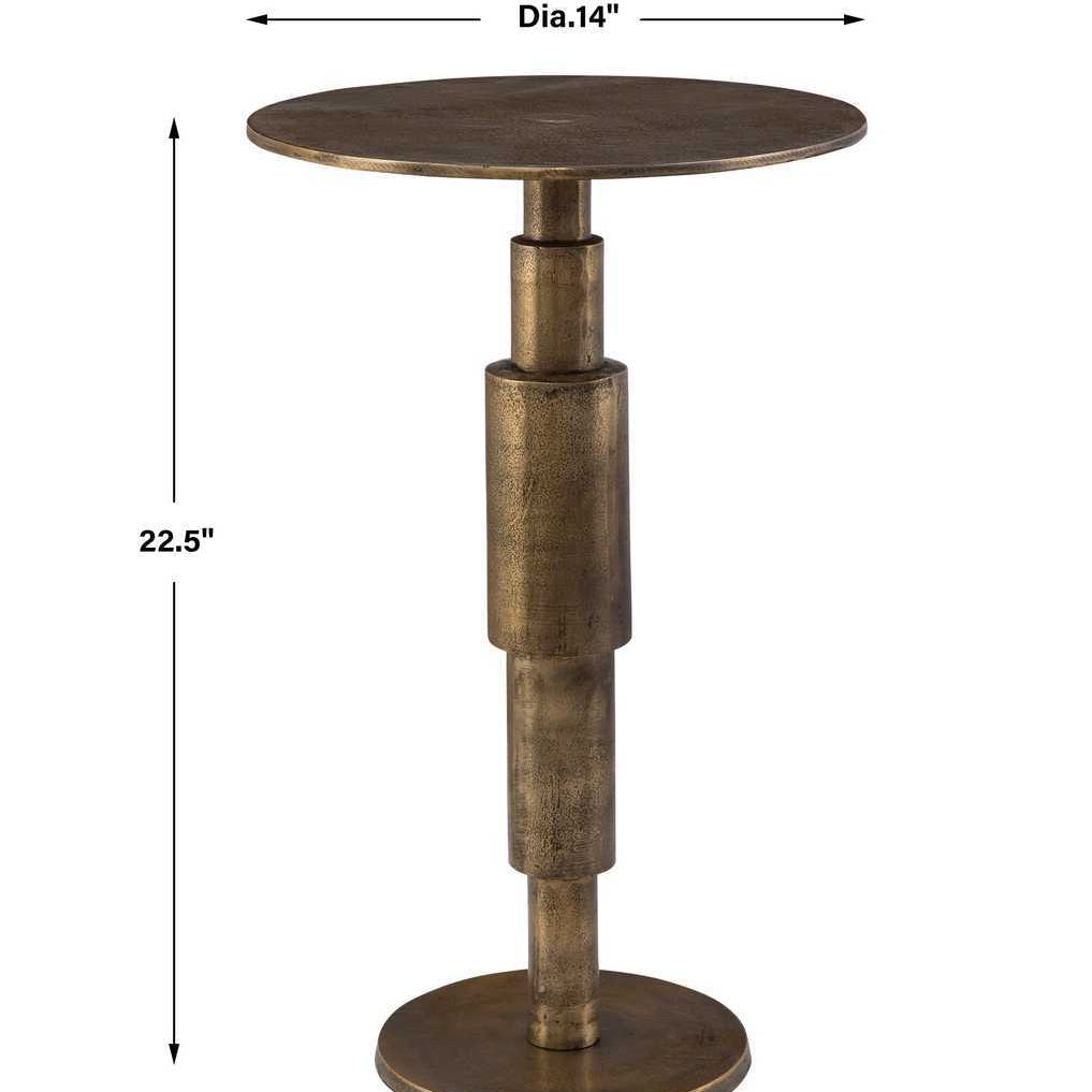 Bronze side table with dimensions on a white background