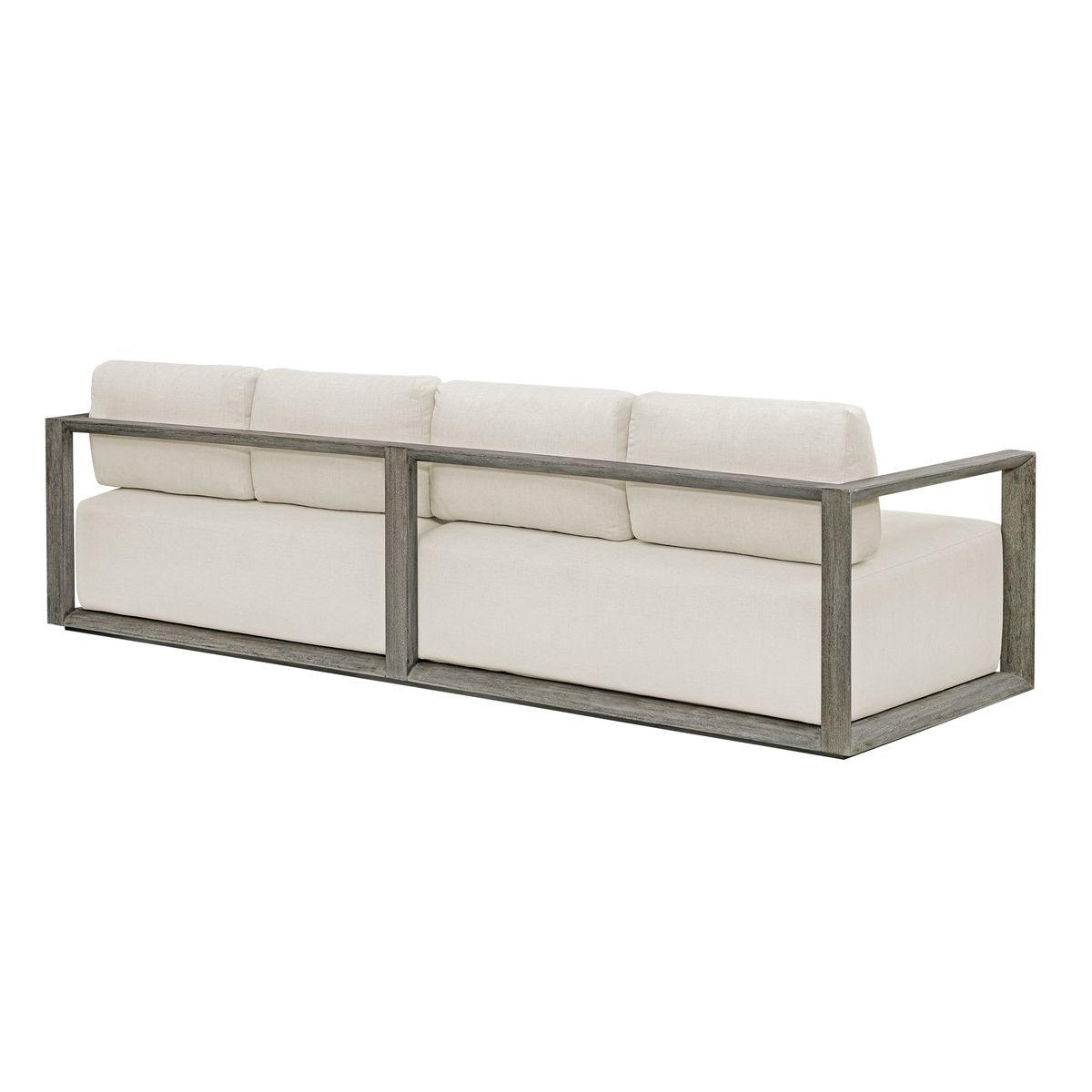 Modern outdoor sofa with white cushions and metal frame on a white background
