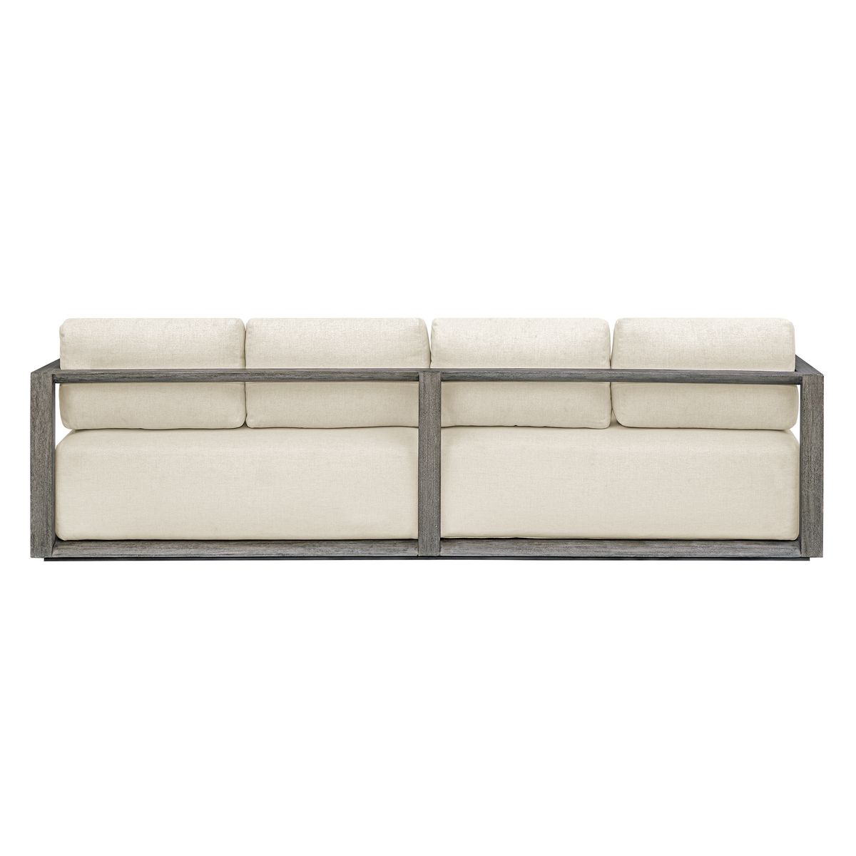 Modern outdoor sofa with beige cushions on a white background