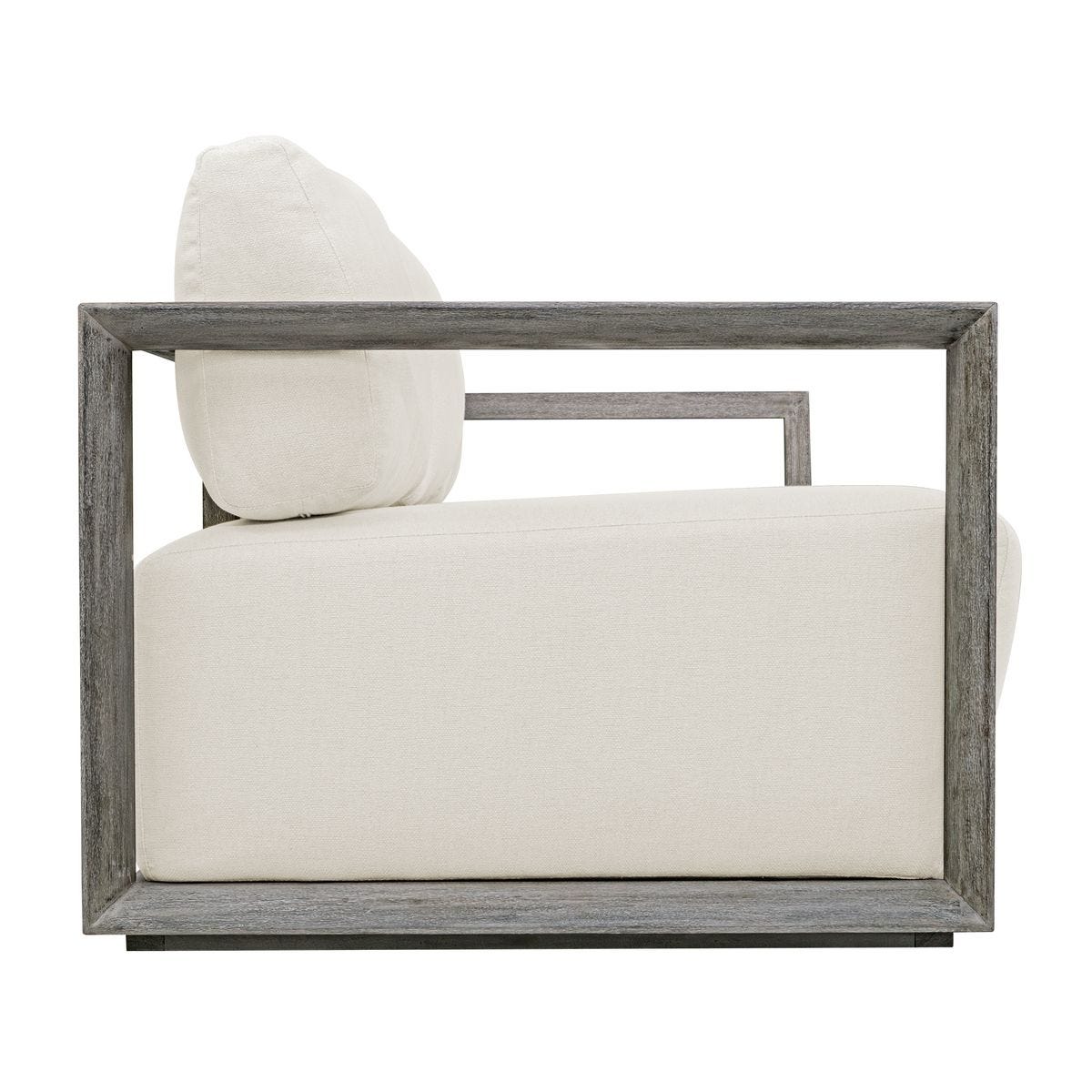 Sofa with wooden frame and white cushion on a white background