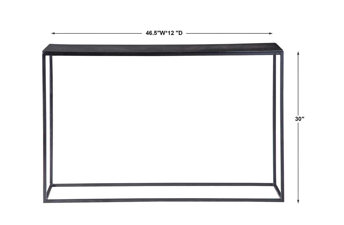 Narrow black console table.