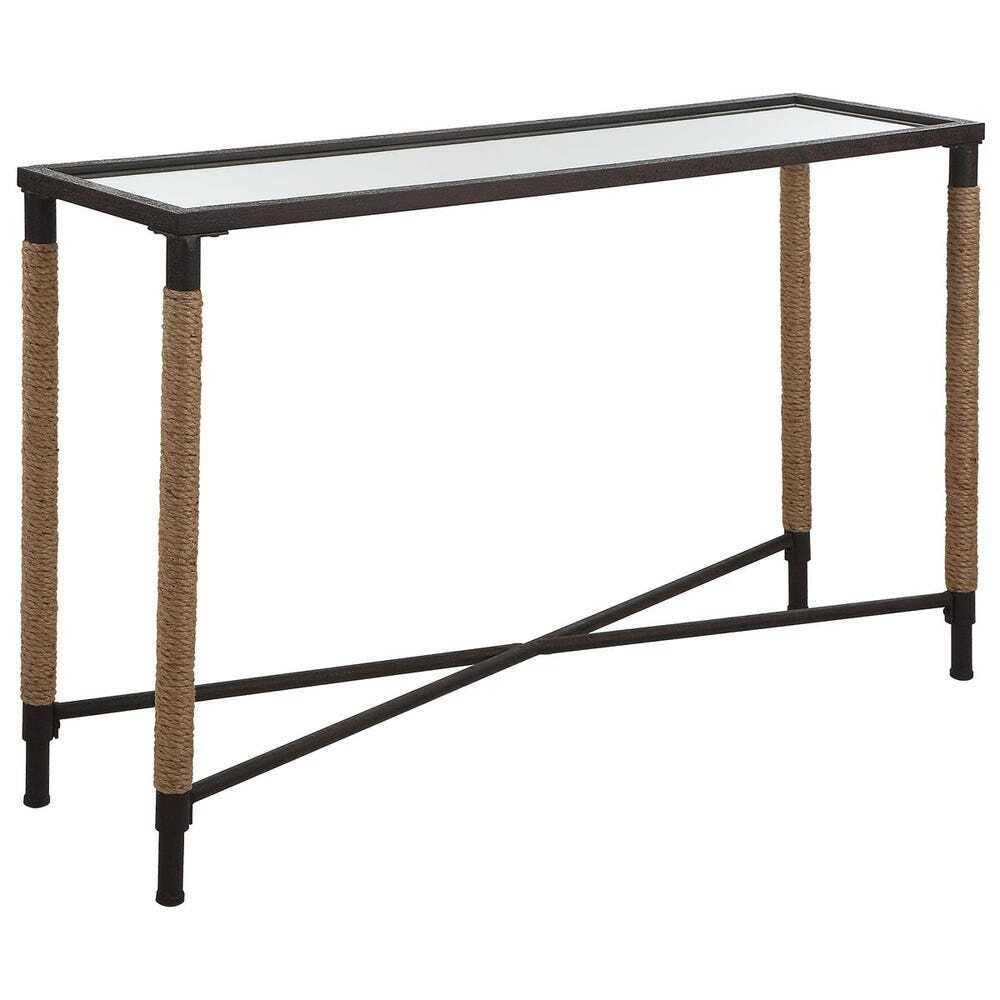 Console table with glass top and woven sides on a white background