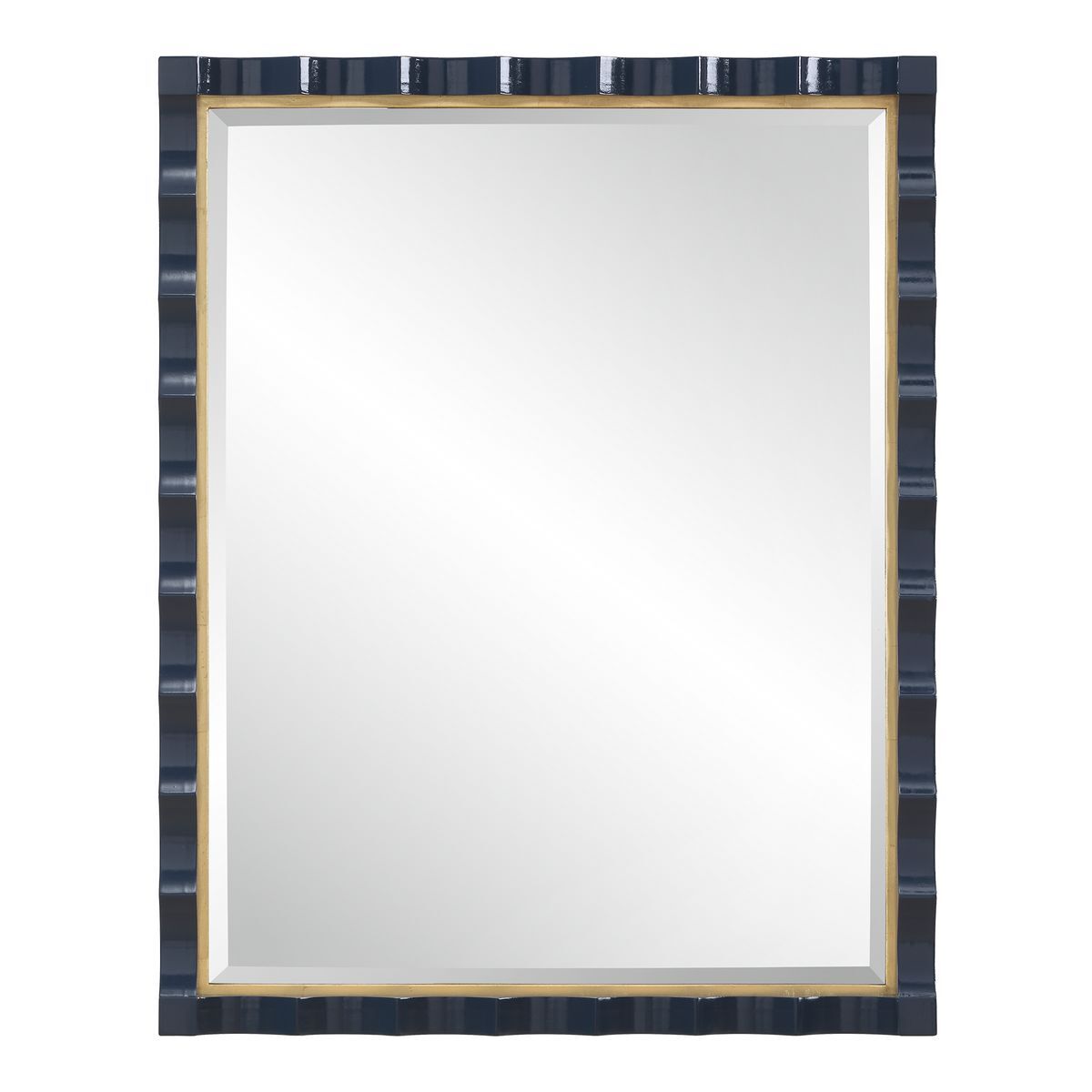 Rectangular mirror with a decorative blue and gold frame on a white background