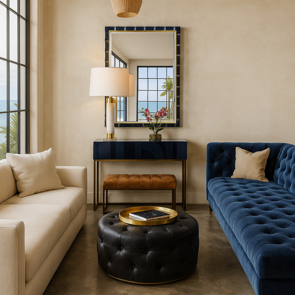 Modern living room with beige sofa, blue sofa, black ottoman, and decorative table.