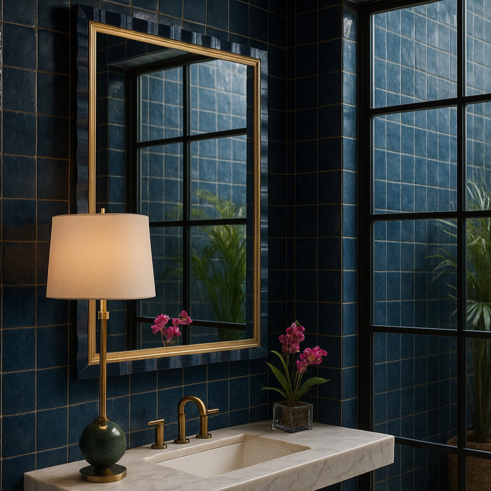 Bathroom with blue tiled walls, a sink, and decorative elements.