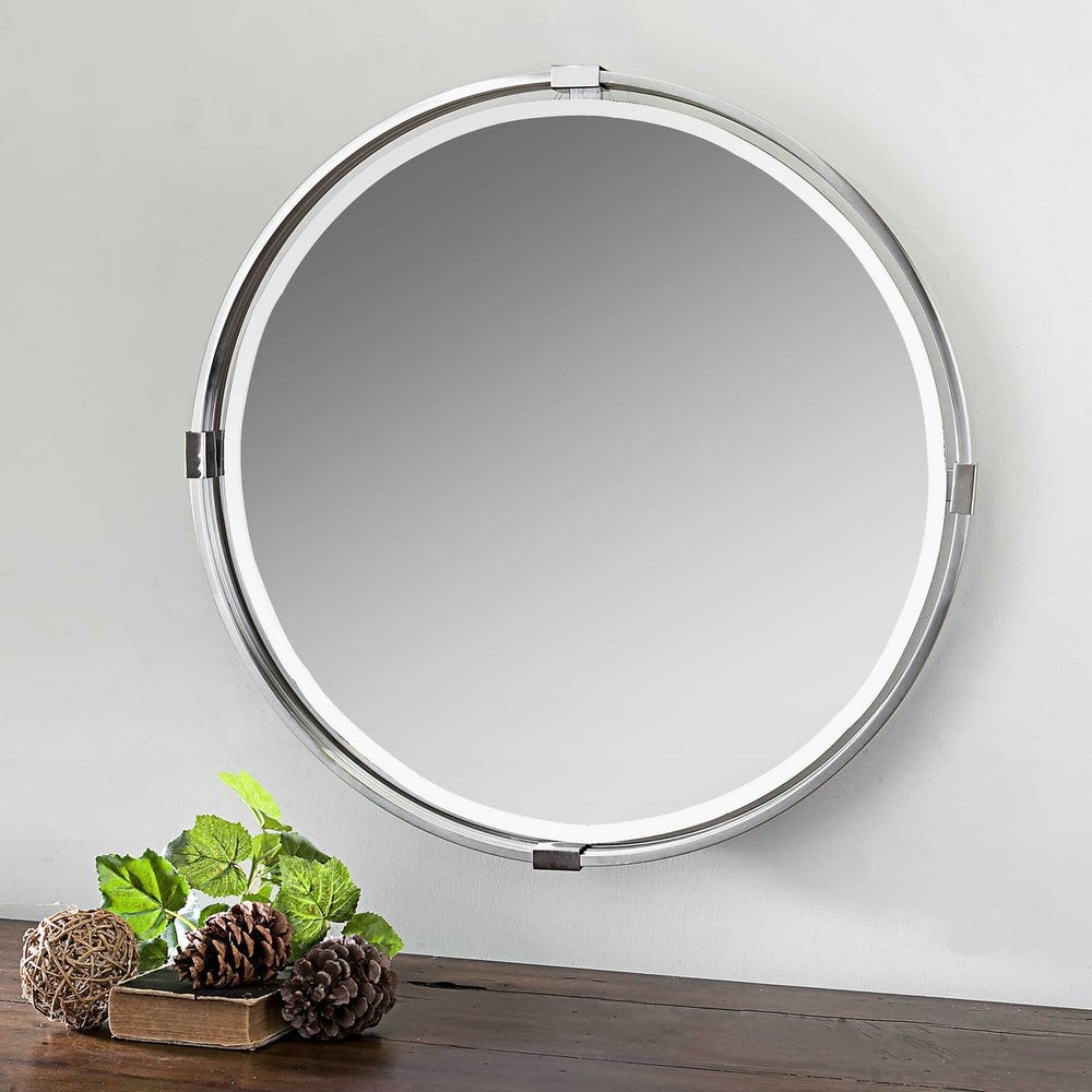 Nickel Mirror above Wood Console.