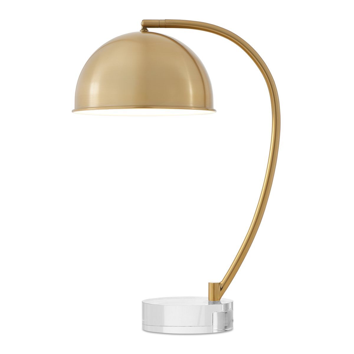 Gold table lamp with curved arm on a white background