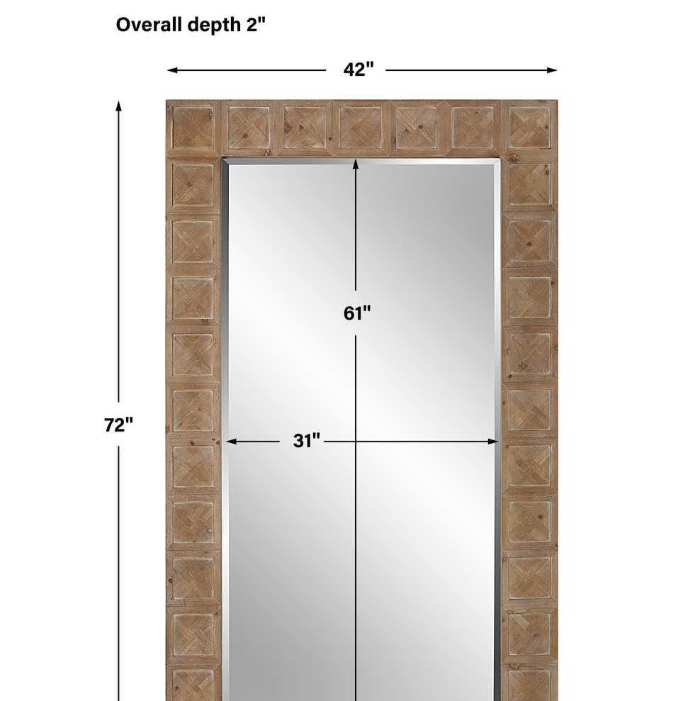 Wooden-framed mirror with dimensions on a white background