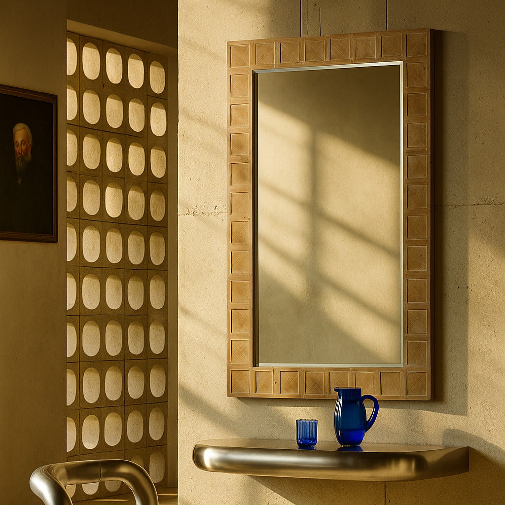 Modern interior with a wooden chair, mirror, and small table with blue cups.