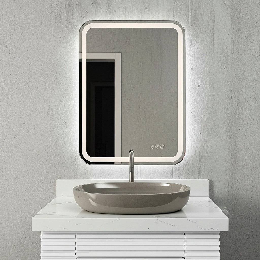 Polished Nickel Lighted Mirror in a Moder Brutalist Bathroom with White Vanity.