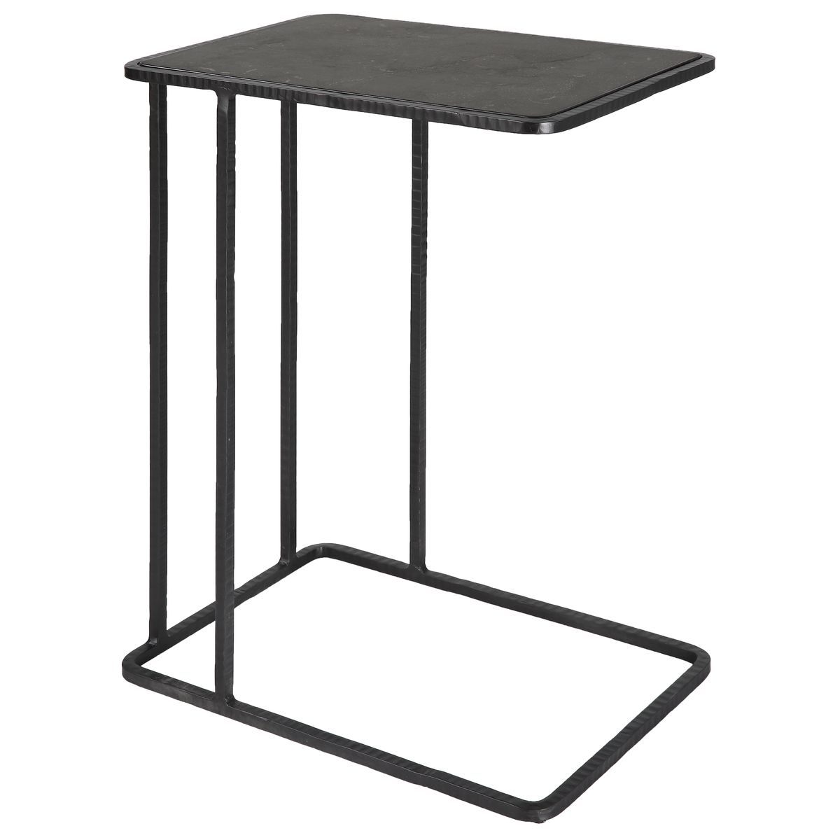 Black side table with a minimalist design on a white background