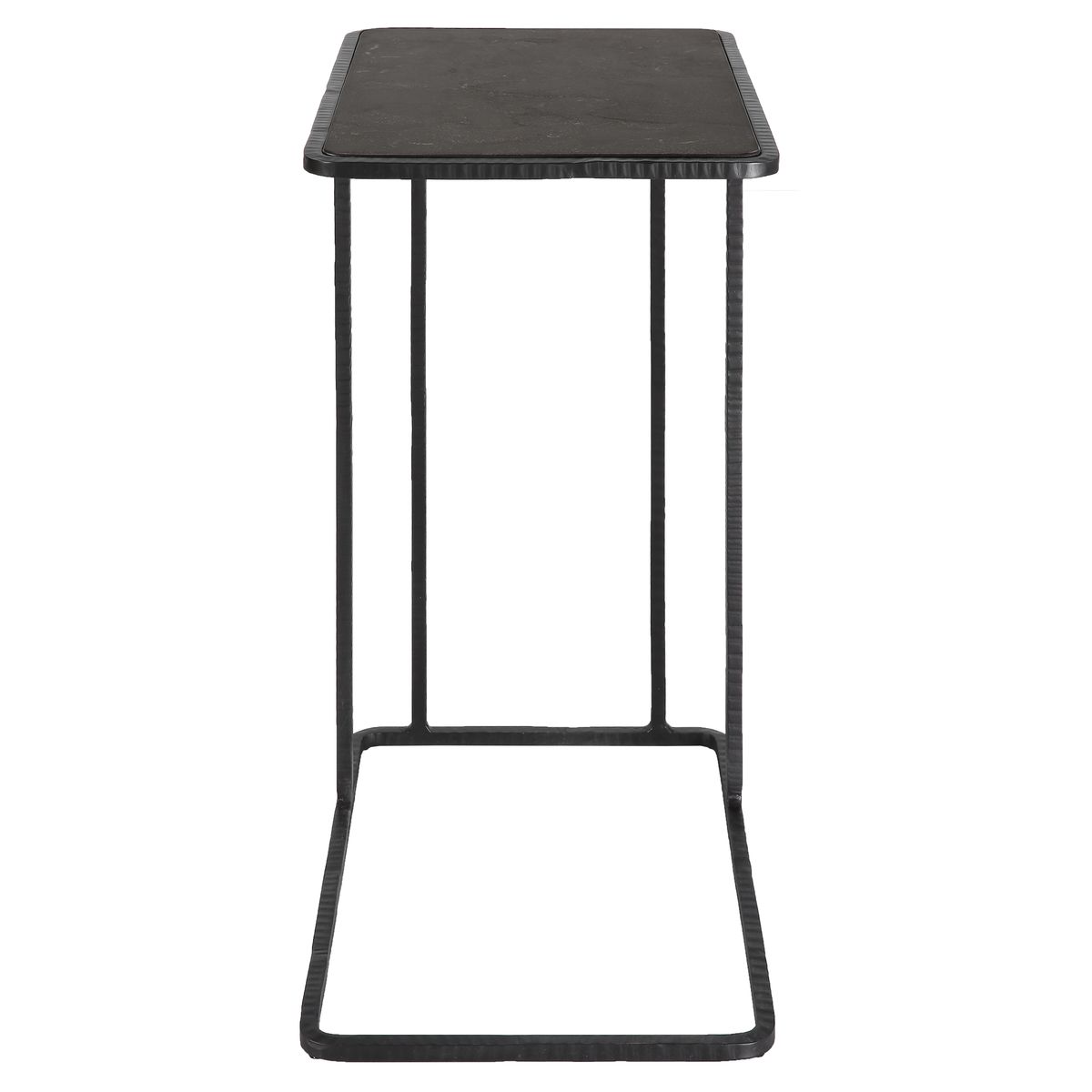 Black metal side table on a white background