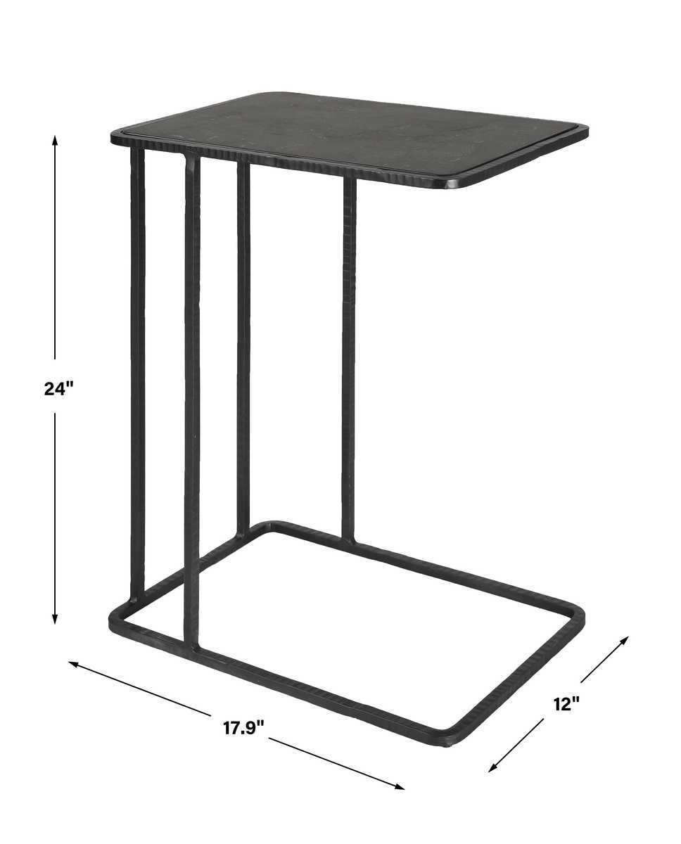 Black side table with dimensions labeled on a white background