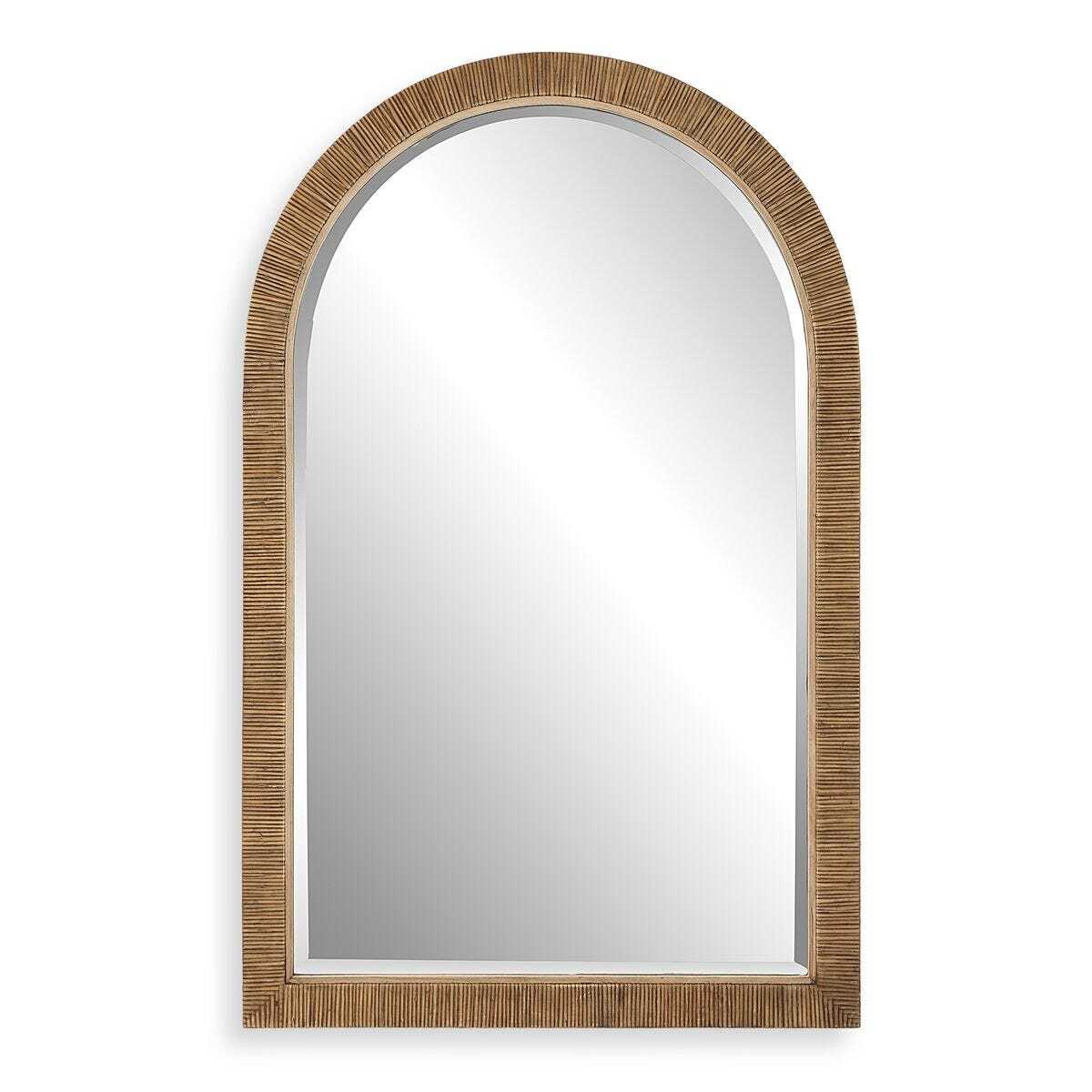 Arched mirror with wicker frame on a white background