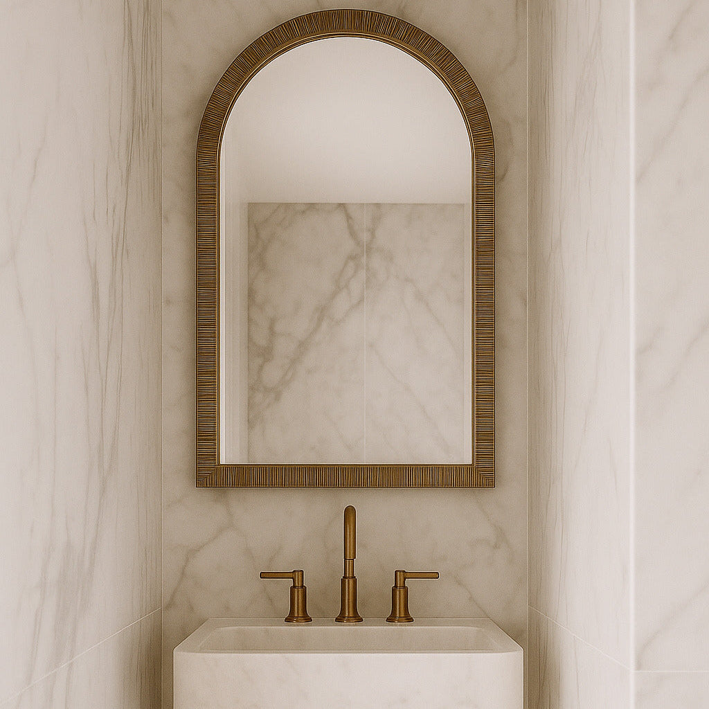 Bathroom with marble wall, sink, and mirror