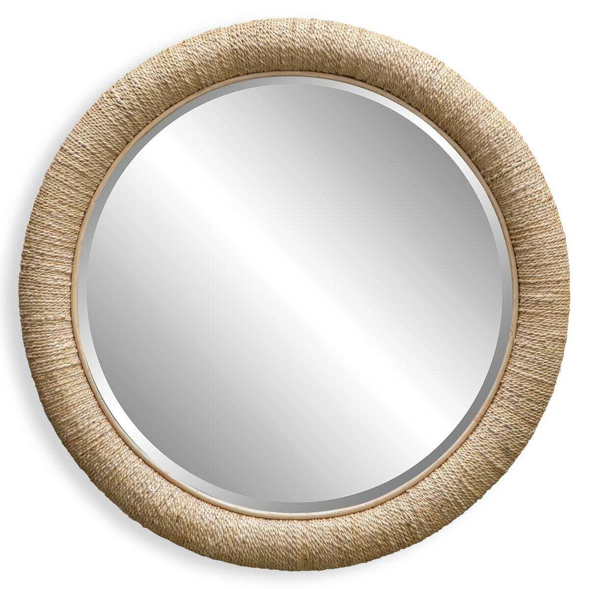 Round mirror with a beige woven frame on a white background