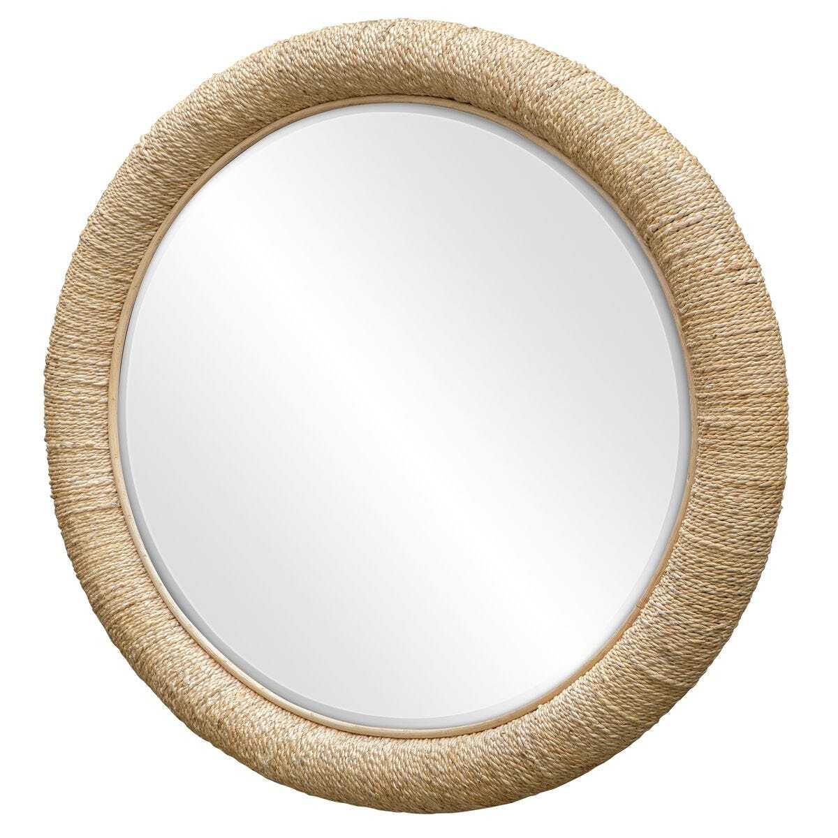 Round mirror with a textured beige frame on a white background