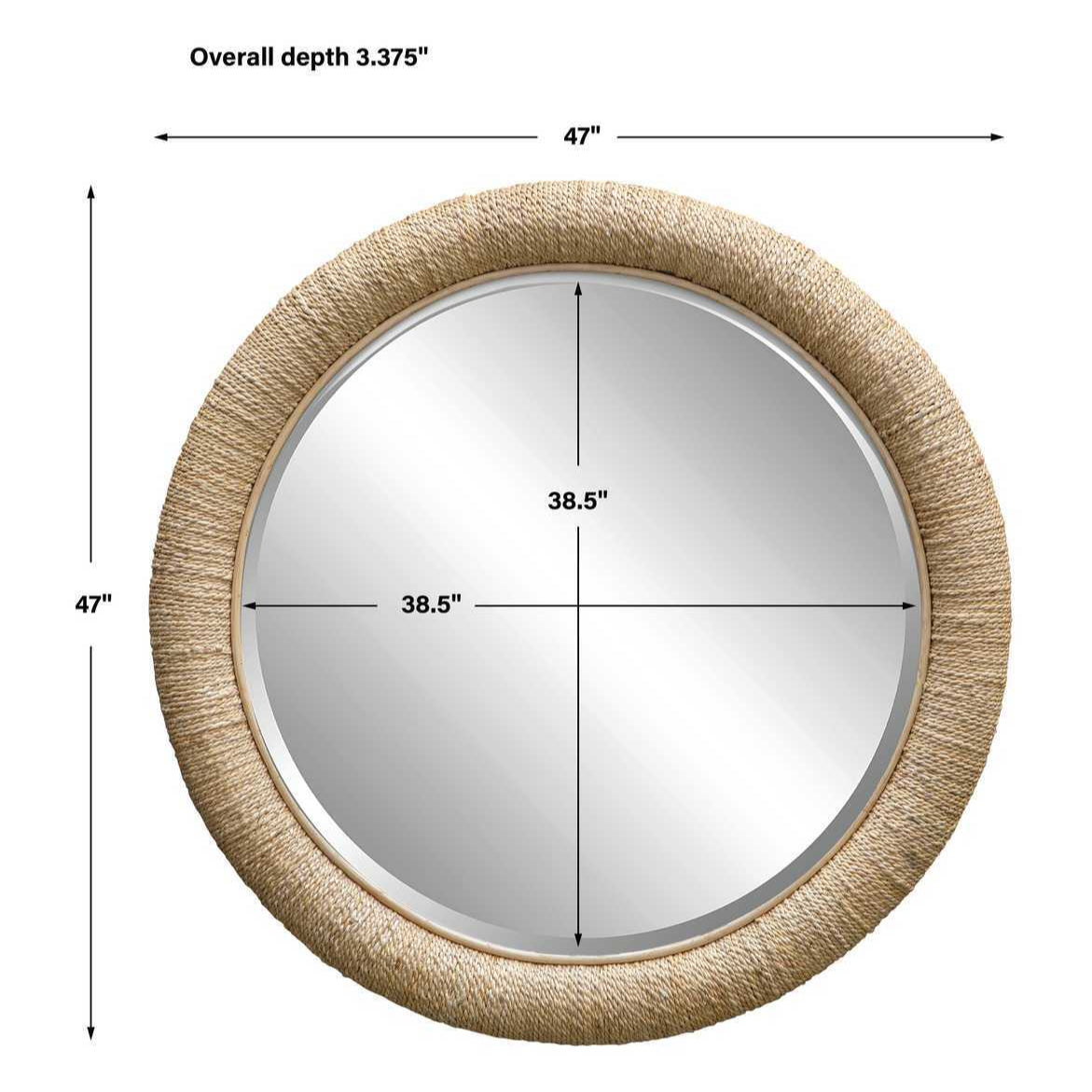 Round mirror with dimensions labeled on a white background