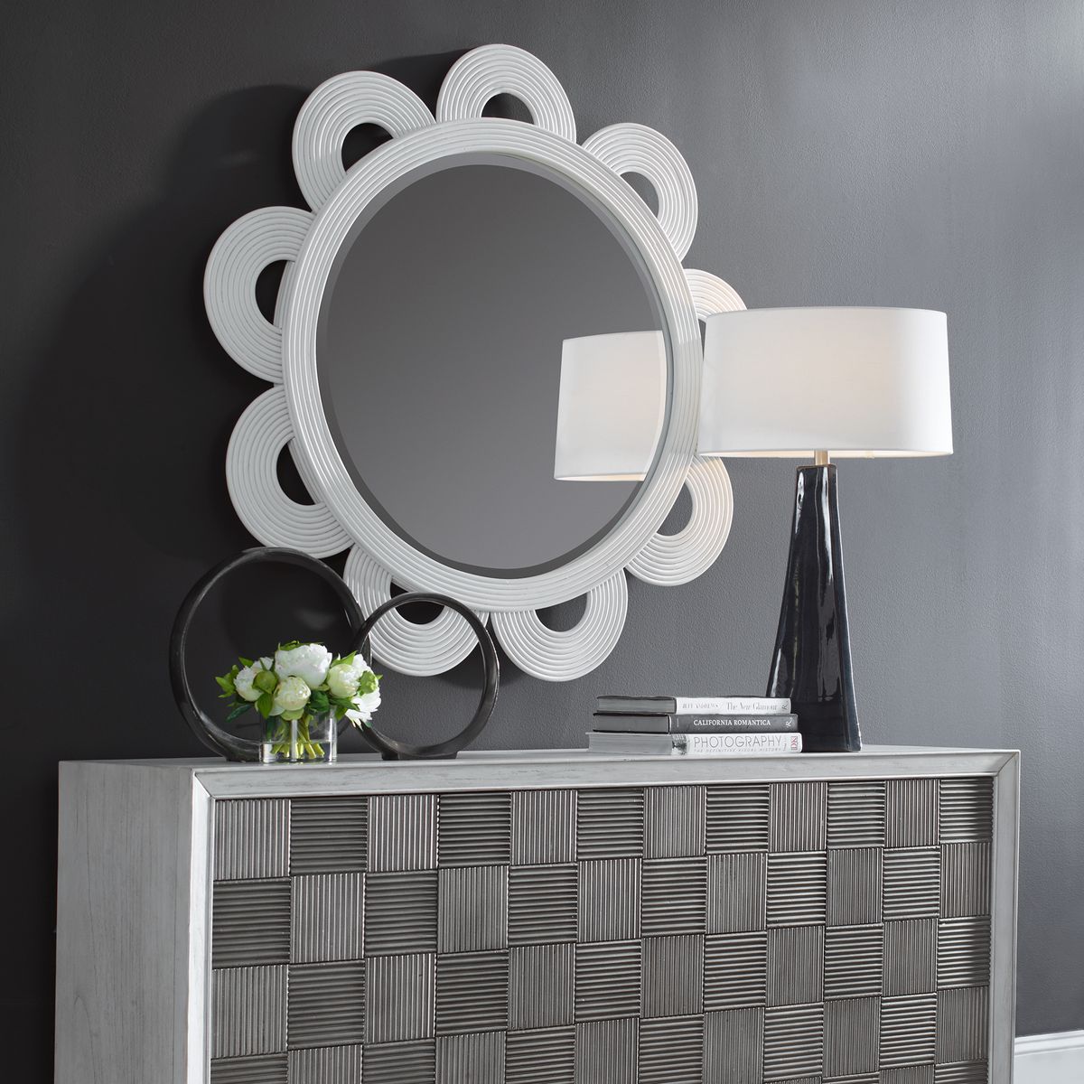 White Mirror with Rattan.